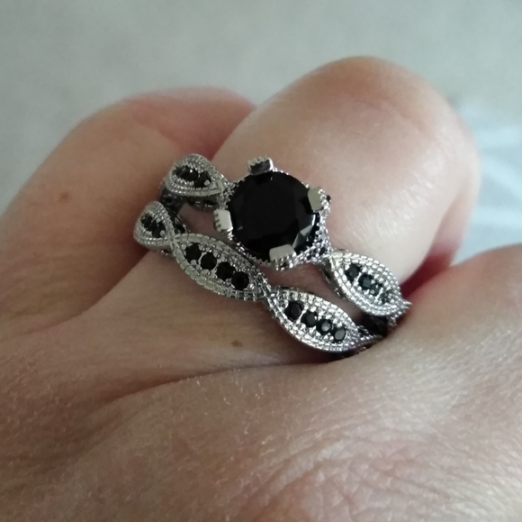 10k White Gold Over Sterling Silver 2 PC Onyx Victorian Ring Set sz10 + Ring Box